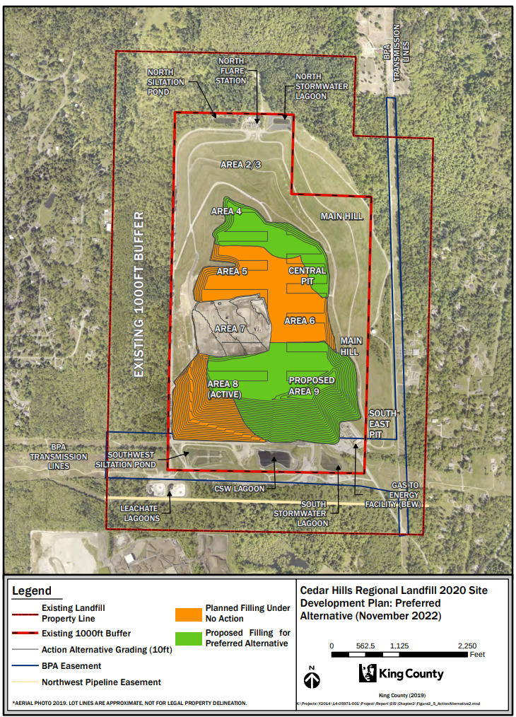Map of Cedar Hills expansion, showing all zones and buffer area around the landfill