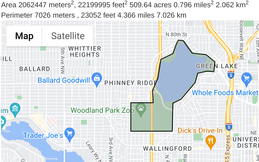 Map of Green Lake and Woodland Parks with area estimate of about 500 acres