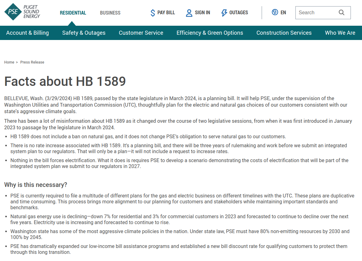 PSE press release explaining HB 1589